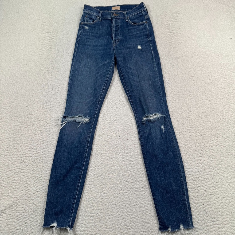 Mother Jeans Women 24 The Stunner‎ Chew Distressed Stretch Off Duty Blue Denim